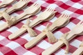 Wooden cutlery, tied with hessian fabric, on a gingham fabric. Eco friendly biodegradeable recycling plastic free takeaway