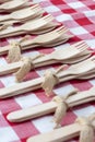 Wooden cutlery, tied with hessian fabric, on a gingham fabric. Eco friendly biodegradeable recycling plastic free takeaway