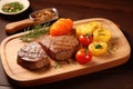 A wooden cutting board with a delicious assortment of fresh meat and vegetables. This versatile