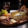 Wooden cutting board featuring an assortment of cheese and fresh fruit, AI-generated. Royalty Free Stock Photo
