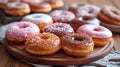 Wooden cutting board featuring a variety of donuts Royalty Free Stock Photo