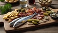 A wooden cutting board with fish, cheese, olives, and ham