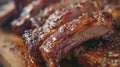 A wooden cutting board holding juicy ribs slathered in tangy BBQ sauce, ready to be enjoyed