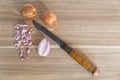 Wooden cutting board with knife and fresh onions Royalty Free Stock Photo