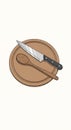 A wooden cutting board with a knife and spoon on top. The knife has a sharp, metallic Royalty Free Stock Photo