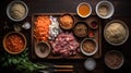 a wooden cutting board with meats and vegetables and bowls. Generative Ai Royalty Free Stock Photo