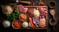 a wooden cutting board with meats and vegetables on it. Generative Ai Royalty Free Stock Photo