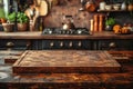 A wooden cutting board rests on a wooden kitchen counter