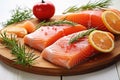 Wooden Cutting Board with Salmon and Orange Slices