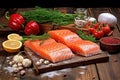 Wooden Cutting Board with Salmon and Vegetables