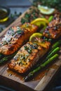 Wooden cutting board with grilled salmon, asparagus, and fines herbes Royalty Free Stock Photo