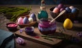 a wooden cutting board topped with eggs and a jar filled with colored dye next to bowls of eggs and asparagus on a table