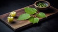 a wooden cutting board topped with green beans and a bowl filled with green peas next to a leafy green apple on top of a wooden