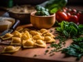 A wooden cutting board topped with pasta and vegetables. Generative AI image. Royalty Free Stock Photo