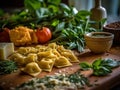 A wooden cutting board topped with pasta and vegetables. Generative AI image. Royalty Free Stock Photo
