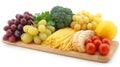 A wooden cutting board with various fruits and vegetables on it, AI Royalty Free Stock Photo