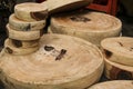 Wooden cutting boards of round shape, different sizes Royalty Free Stock Photo