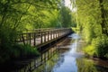 wooden cycling bridge over a quiet stream