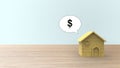 Wooden 3d home shape with dollar symbol money on cloud mark on wood table and copyspace for your text. Ideas house concept.