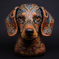 Wooden dachshund head in national Ukrainian patterns, AI