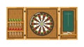 Wooden darts panel with round aim, sharp javelins and blackboard Royalty Free Stock Photo