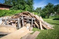 Wooden debris at the yard, boards and plates. Construction and reconstruction Royalty Free Stock Photo