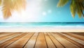 Wooden Deck Background With Beach Palm Trees And Sunshine Tropical Paradise