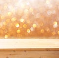 Wooden deck and bokeh light background for product display. Royalty Free Stock Photo