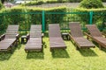 Wooden deck chairs stand in a row on the green grass under the sun in the recreation area on the private territory of a modern