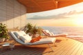 Wooden deck with chaise lounges on the background of the sea