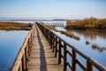 Wooden deck, lake VIstonida, Greece Royalty Free Stock Photo