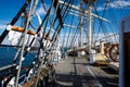 Wooden deck of an old sail ship, sailboat rigging. Royalty Free Stock Photo