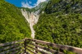 Wooden deck overlooking Boka waterfall in Slovenia