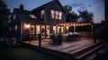 Wooden deck and patio of family home at night Royalty Free Stock Photo