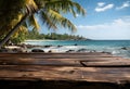 Wooden deck table top on tropical beach with coconut palm tree Royalty Free Stock Photo