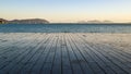 Wooden deck with a view of the sea, Naoshima Island, Japan,