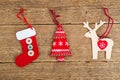 wooden decorations tree,sock,reindeer Royalty Free Stock Photo