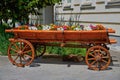 Wooden decorative carriage with flowers. Street decoration, a wagon with flowers Royalty Free Stock Photo