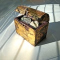 Wooden decorative chest with Russian coins on a white background Royalty Free Stock Photo