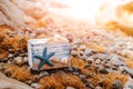 Wooden decorative Chest with sea shells and blue star on the sea coast Royalty Free Stock Photo