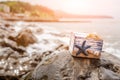 Wooden decorative Chest with sea shells and blue star on the sea coast Royalty Free Stock Photo