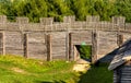 Wooden defense walls and gate of Gora Birow Mountain stronghold near Ogrodzieniec Castle in Silesia region in Poland