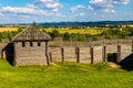 Wooden defense walls and gate of Gora Birow Mountain stronghold near Ogrodzieniec Castle in Silesia region in Poland