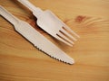 Wooden degradable fork and knife on a light wood table surface, Concept ecology and recycle issue