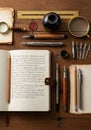 A wooden desk displays an array of vintage writing instruments and tools. Open notebook with Royalty Free Stock Photo