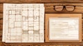 Architectural blueprints and documents on a wooden desk with glasses and a tablet for design work Royalty Free Stock Photo
