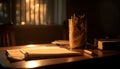 Wooden desk holds books, Bible, and paper generated by AI