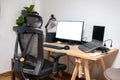 Wooden desk with laptop, display, mouse, lamp, ergonomic chair and artificial tree in workplace on bedroom