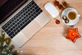 wooden desk with laptop and objects for mock up template design