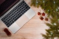 wooden desk with laptop and objects for mock up template design